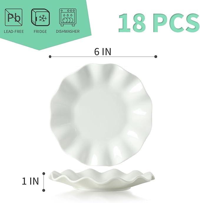6 Inch Ceramic Dessert Plates Set of 18, Small Salad Plates, Porcelain Wave Rim Dinner Plates, Mini Appetizer Plates for Cake Waffles Snacks Side Dish, Oven Microwave Dishwasher Safe, White