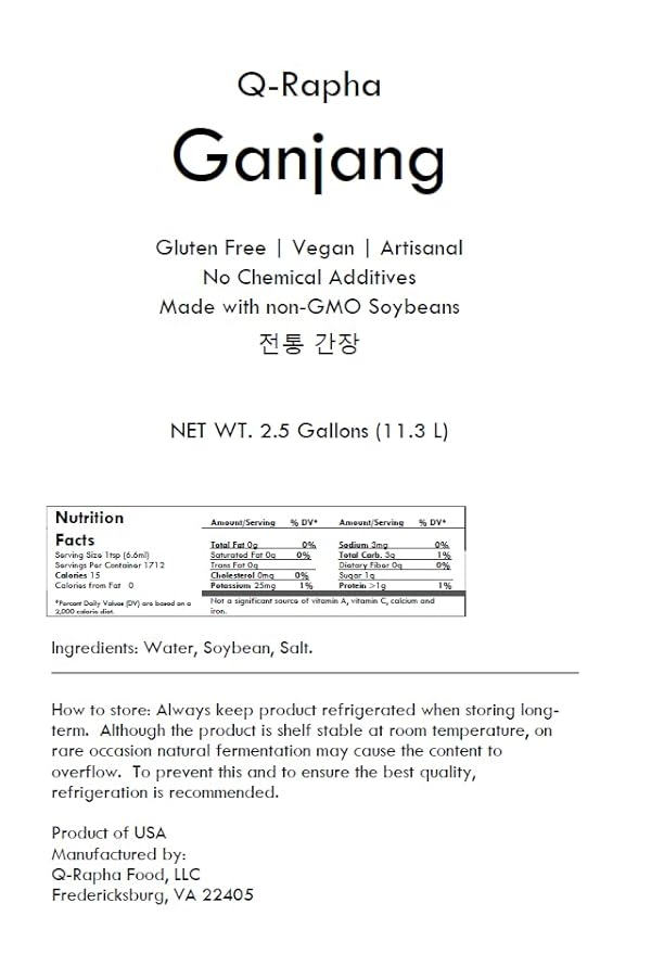 Q-Rapha Premium Korean Ganjang (Soy Sauce), Gluten-free, Non-GMO, Unpasteurized, Artisanal, Aged over 3 Years (2.5 Gallons)