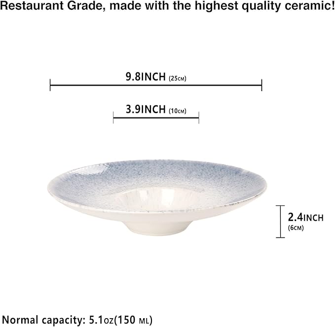 Soup Bowls, Soup Plates, 5.1 oz, Porcelain Pasta Bowl Set of 4, Wide edge Shallow Bowl Plates, Rimmed Bowls with Rim, Best choice for high-end restaurants and foodies,Azure blue, 9.8 Inch