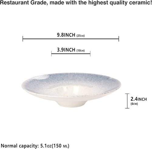 Soup Bowls, Soup Plates, 5.1 oz, Porcelain Pasta Bowl Set of 4, Wide edge Shallow Bowl Plates, Rimmed Bowls with Rim, Best choice for high-end restaurants and foodies,Azure blue, 9.8 Inch