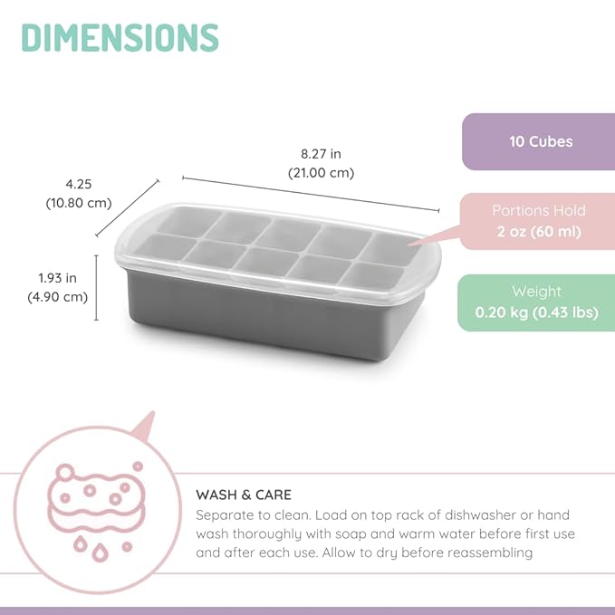 melii Silicone Baby Food Freezer Tray with Lid | 10 x 2oz Portion Cubes – Breastmilk & Homemade Puree Storage Container – BPA Free, Microwave, Freezer & Dishwasher Safe – Baby Registry Must (Grey)