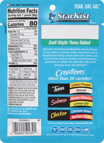 StarKist Tuna Creations Deli Style Tuna Salad Pouch (3 oz) Wild Caught, High Protein Shelf Stable Seafood, Gluten Free, Soy Free, No Draining, Ready to Eat for Salads and Sandwiches (Pack of 5)