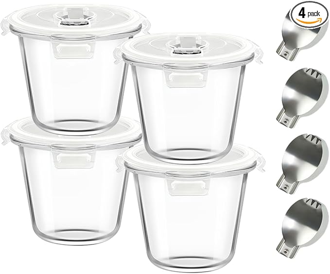 H.JSS WDJS 24oz Round Glass Soup Containers with Lids and Spoons, 3Cup Glass Food Storage Containers Set, BPA-Free Meal Prep Bowls with Lids for Leftover, Microwave, Dishwasher, Fridge Safe (4-Pack)