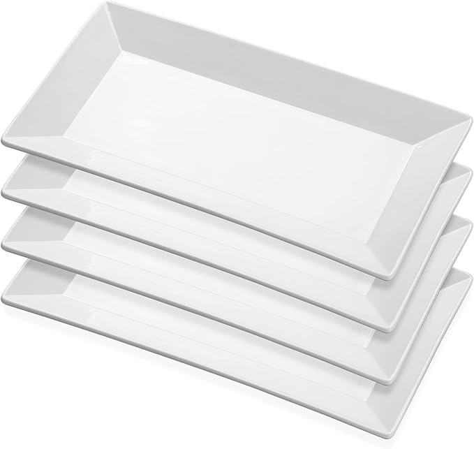 Porcelain Rectangular Dinner Platters, 9.75 Inch Rectangle Serving Plates for Sushi, Snacks, Cake, Meat & Appetizers, Set of 4, Elegant White Design