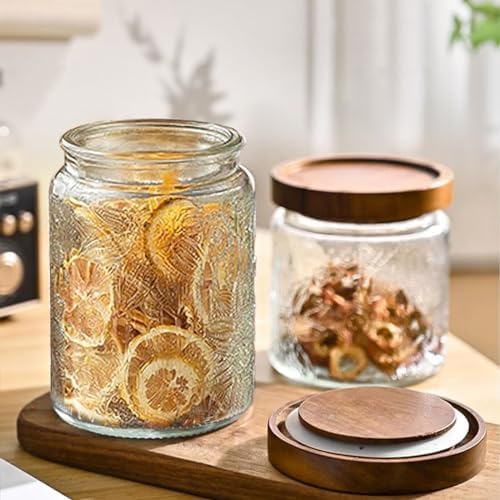 24 OZ Airtight Glass Storage Jar with Bamboo Lid - Vintage Glass Jar Vintage Food Containers Canisters Set for Kitchen Counter & Pantry - Ideal for Sugar, Flour, Coffee, Tea, Candy, Oats -3 Pack