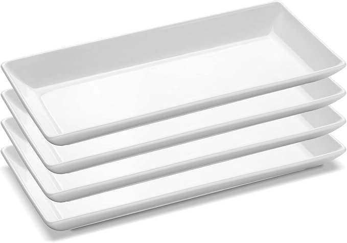14” White Porcelain Serving Platters, Elegant Large Rectangular Plates Trays for Dinner Parties, Appetizers, Sushi, Desserts & More, Microwave & Dishwasher Safe, Set of 4