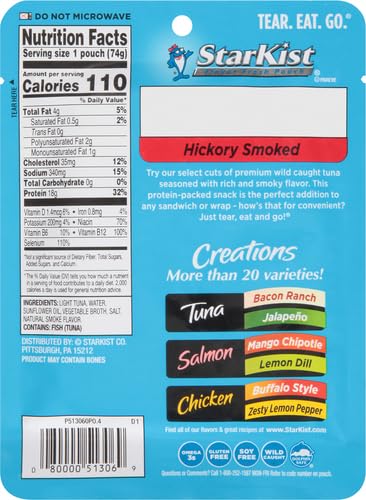 StarKist Tuna Creations Hickory Smoked Pouch (2.6 oz - 2 Pack) Wild Caught, High Protein Shelf Stable Seafood, Gluten Free, Soy Free, No Draining, Ready to Eat for Salads and Sandwiches