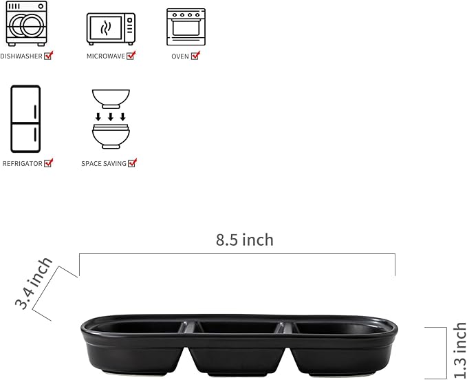 2PCS Ceramic Dishes, Ceramic Dish Stainless Steel Soy Tomato Sauce Salt Vinegar Sugar Spices Flavor Condiment Dip Bowls Korean BBQ Home Kitchen Plates (3 Grids Black)