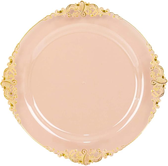 Efavormart 10 Pack | 10" Translucent Blush and Gold Baroque Dinner Plates, Leaf Embossed Metallic Rim Shatterproof Serving Plates for Romantic Receptions