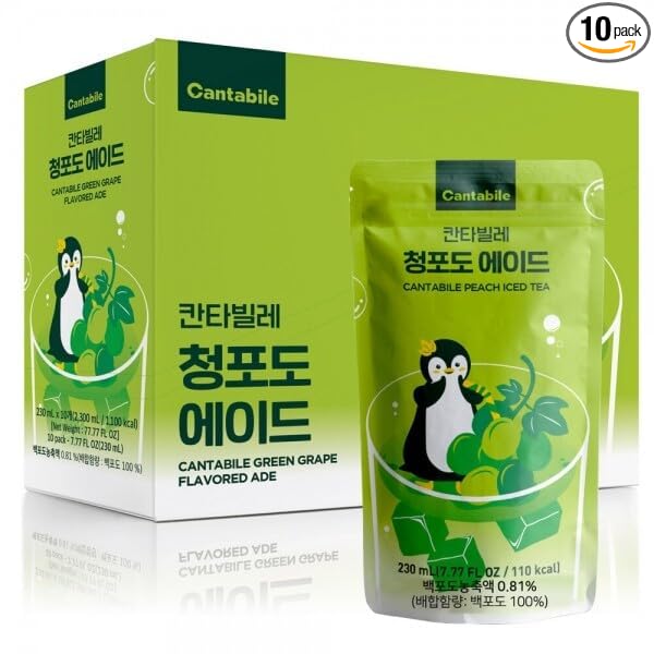 Cantabile Korean Convenience Store Pouch Drink Ready-to-Drink Refreshing Beverage Imported from Korea (Box of 10, Green Grape)