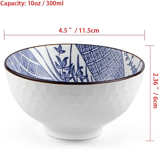 Ceramic Rice Bowls 10 oz, Japanese Style Bowl Gift Set, Assorted Dinnerware Serving Bowls for Cereal, Soup, Dessert, Snack, Fruit, Salsa, Pack of 6 (Blue and White)