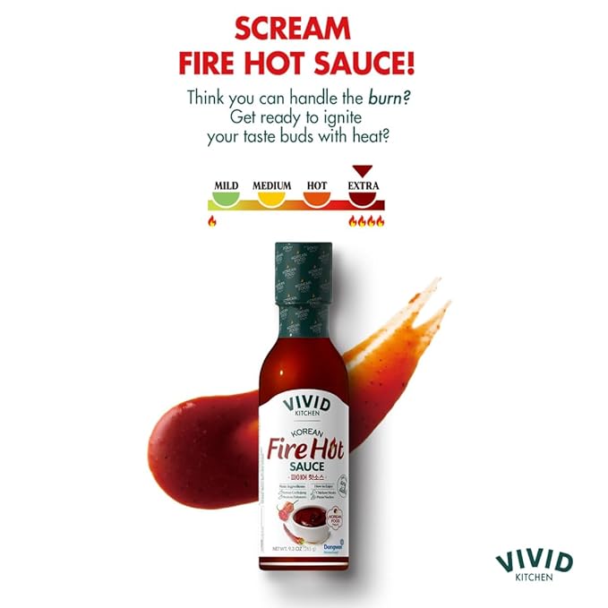 VIVID KITCHEN Fire Hot Sauce - Korean Fusion Extra Spicy Sauce - 8.6 oz Bottle - Bold Heat & Flavor - No MSG or Preservatives - Perfect for Topping, Grilling, Stir-Fry, Marinades & More