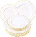 WDF 60pcs White and Gold Plastic Plates - Baroque White With Gold of 30 Heavy Duty Gold dinner plates 10.25inch, 30 Salad Plates 7.5inch Perfect for Wedding/Baby Shower/Spring