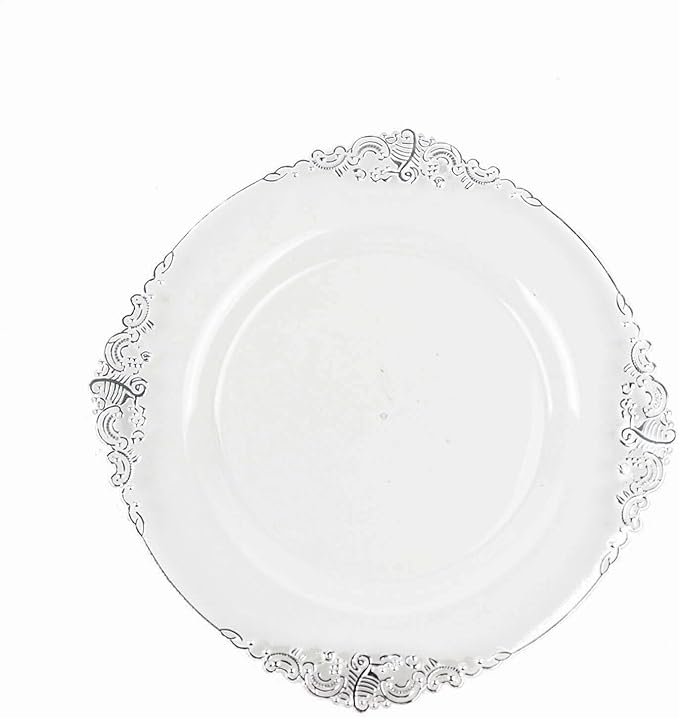 Efavormart 10 Pack | 8" Clear and Silver Baroque Dessert Plates, Leaf Embossed Metallic Rim Shatterproof Appetizer Plates for Modern Winter Galas