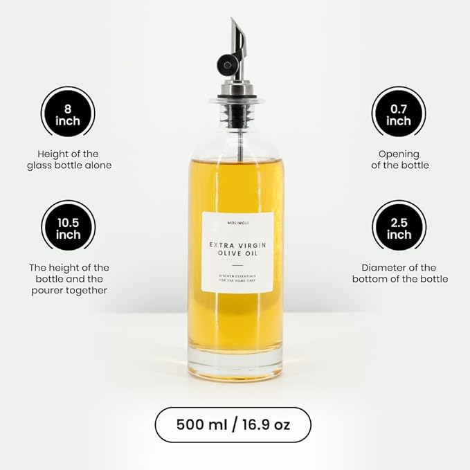 Molimoli Oil and Vinegar Dispenser with Metal Pour Spout, Weighted Pourer, Glass Bottle Dispenser for Kitchen, Olive Oil Cruet, Glass Olive Oil Bottle | 500ml, Set of 2