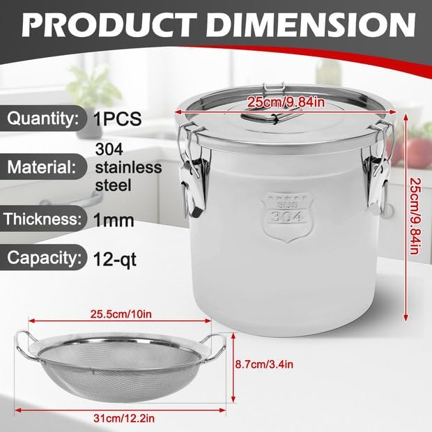 12L/3.17 Gal Cooking Oil Storage Can Commercial Oil Container with Filter & Lid Metal Bucket Food Storage Containers Airtight for Rice Flour Grain Dog Food Coffee Bean, 304 Stainless Steel -Silver