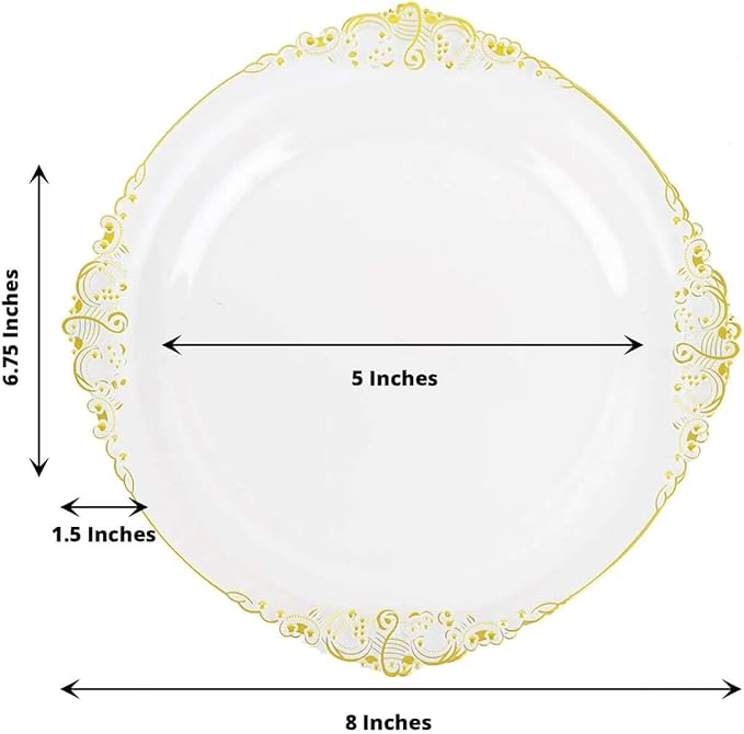 Efavormart 10 Pack | 8" Clear and Gold Baroque Dessert Plates, Leaf Embossed Metallic Rim Shatterproof Appetizer Plates for Boutique Receptions
