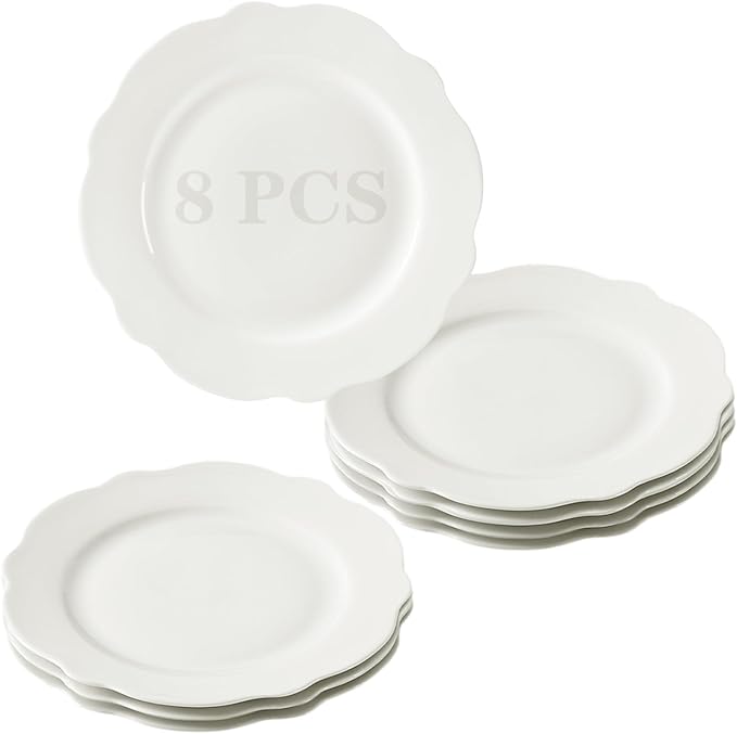 10.5 Inch Porcelain Large Dinner Plates Set of 8, White Leave Wave Rim Appetizer Salad Plates, Ceramic Dinnerware Serving Plate for Pancakes, Steak, Pasta, Pizza, Microwave, Dishwasher Safe