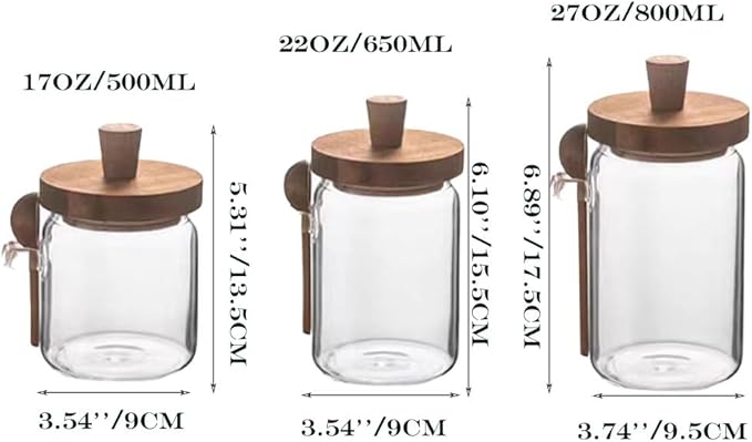 Glass Jars with Wooden Lids and Spoons set of 3,Clear Glass Coffee Containers with Scoop Decorative Kitchen Food Storage Jars for Coffee Beans,Tea,Nut Candy,Sugar,Bath Salts(17OZ/22OZ/27OZ)