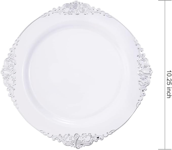 Hioasis 100pcs White Silver Plastic Plates for Party - 7.5" Dessert Plates Disposable, Heavy -duty, Classy and Elegant for Wedding
