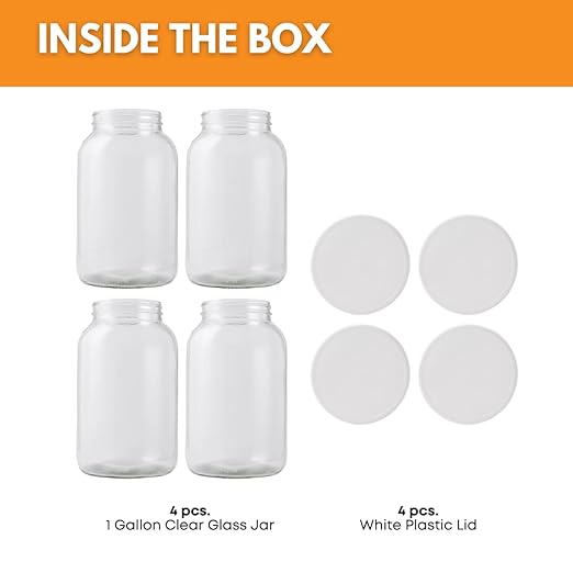 FastRack 1 Gallon Glass Storage Jars with Airtight Lids (Pack of 4) | Wide Mouth Glass Canisters for Food Storage, Fermentation, Pickling & Canning