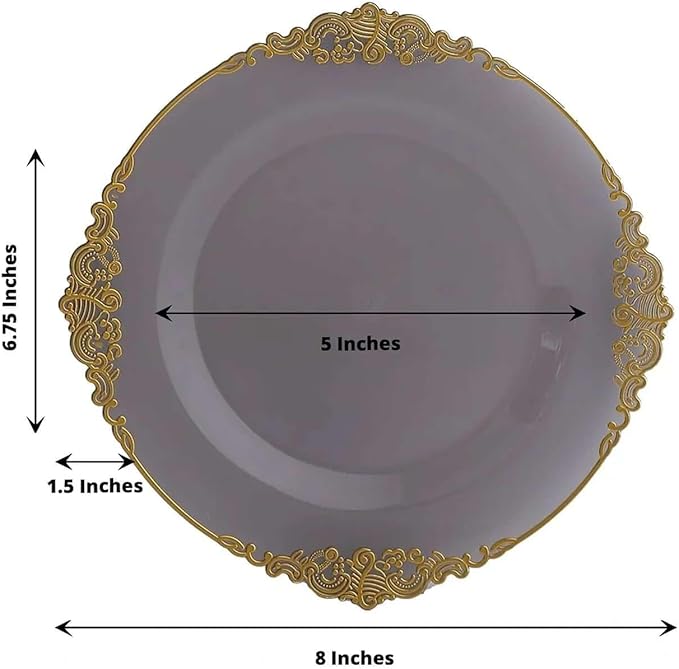 Efavormart 10 Pack | 8" Translucent Black and Gold Baroque Dessert Plates, Leaf Embossed Metallic Rim Heavy Duty Appetizer Plates for Edgy Social Events