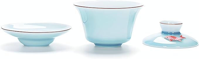 Yixing Handmade Celadon Colorful Koi Fish Gaiwan,Chinese Gongfu Tea Cup,Japanese Teacup, Tea Bowl with Lid and Saucer(Gaiwan)