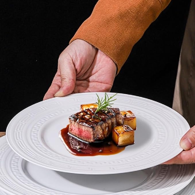 10 Inch Porcelain Dinner Plates Set of 4,Serving Dishes,White,Embossed,Heat Resistant,Scratch Resistant,Highly Glossy Glaze,Dishwasher safe,Microwave safe (Wade 10'')
