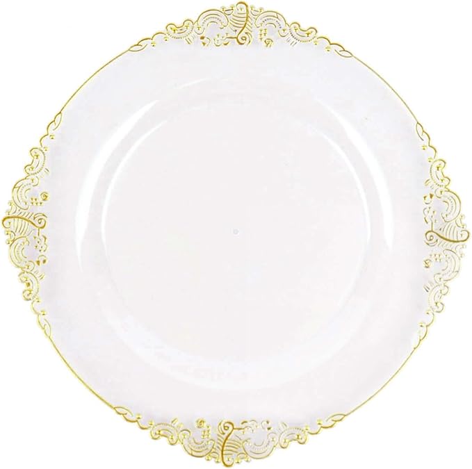 Efavormart 10 Pack | 8" Clear and Gold Baroque Dessert Plates, Leaf Embossed Metallic Rim Shatterproof Appetizer Plates for Boutique Receptions