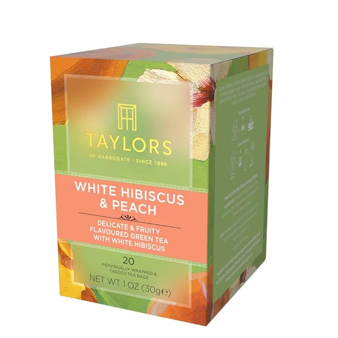 Taylors of Harrogate White Hibiscus & Peach, Green Tea Individually Wrapped Bags, 20 Count (Pack of 6), Delicate, Fruity and Sweet, Caffeinated, Enjoy Hot or Iced, 120 Teabags Total