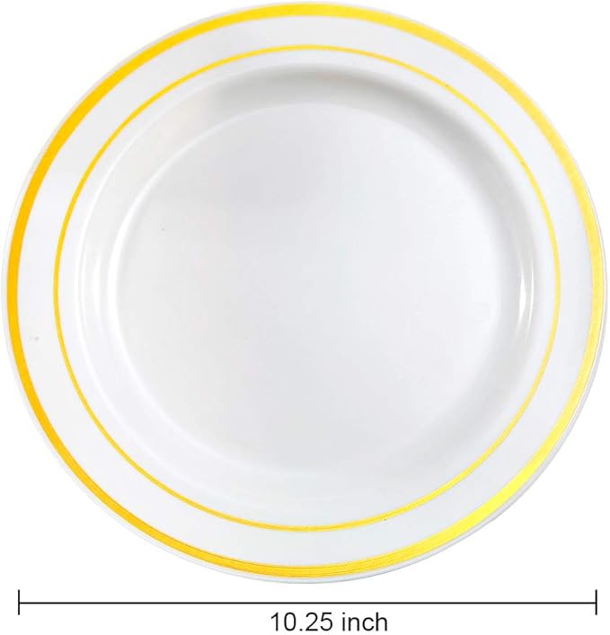 bUCLA 100Pieces Gold Plastic Dinner Plates - 10.25inch White and Gold Plates Disposable for Party - Ideal for Wedding, Party & Daily Use