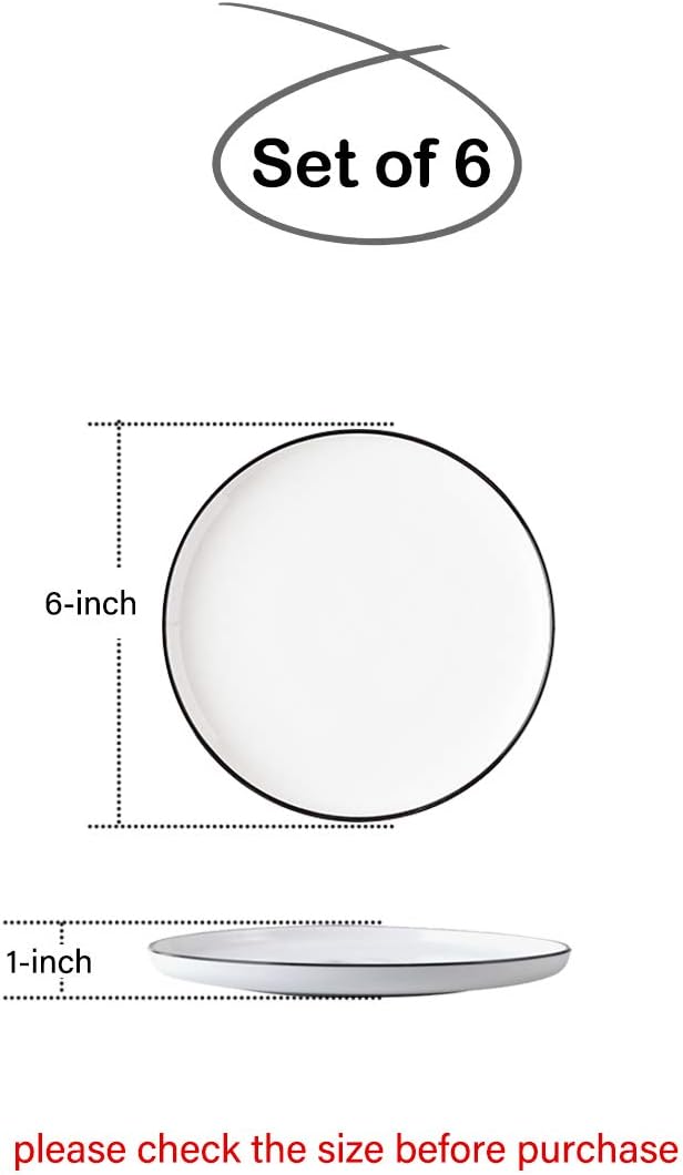 6-inch Small Porcelain Appetizer Plates, White with Black Edges Dinner Side Dishes Serving Plate, Dessert, Salad, Snacks Plate, Set of 6