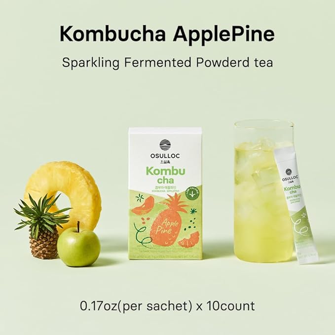 OSULLOC Kombucha Tea ApplePine (Pineapple & Apple), Sparkling Powdered Mix Beverage, No added sugar, 10 Sticks, 1.76oz