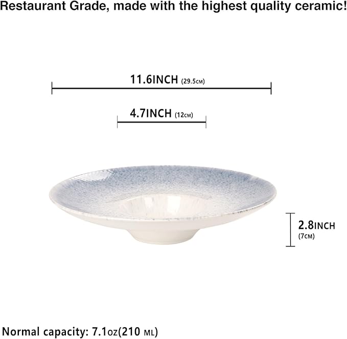 Soup Bowls, Soup Plates, 7.1 oz, Porcelain Pasta Bowl Set of 4, Wide edge Shallow Bowl Plates, Rimmed Bowls with Rim, Best choice for high-end restaurants and foodies,Azure blue 11.6 Inch