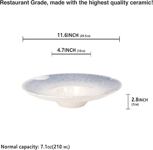Soup Bowls, Soup Plates, 7.1 oz, Porcelain Pasta Bowl Set of 4, Wide edge Shallow Bowl Plates, Rimmed Bowls with Rim, Best choice for high-end restaurants and foodies,Azure blue 11.6 Inch