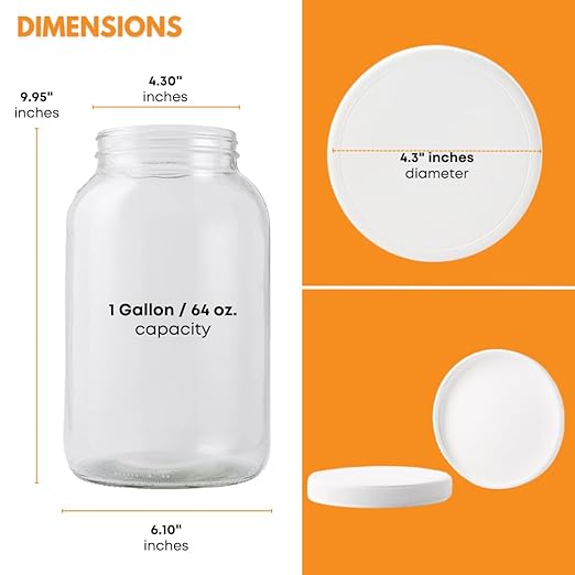 FastRack 1 Gallon Mason Jar with White Airtight Lid | Regular Glass Canisters with Airtight Lids | Large Mouth Glass Jar for Food Storage, Canning, Fermentation, Pickling