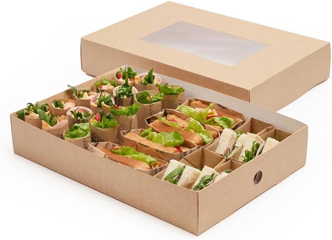Restaurantware-17.7 x 12.2 x 3.2 Inch Catering Trays, 10 Grease-Resistant Catering Boxes - Cover With Window Included, Side Lock, Kraft Paper Catering Food Containers, Inserts Sold Separately