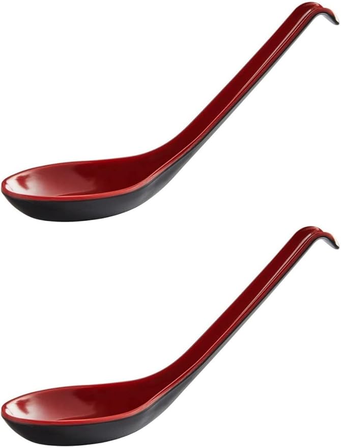 2 Pack - Red and Black 6.5-inch Asian Soup Spoon with Hook– Fuji Chinese Japanese Korean Style Spoon, Perfect for Melamine Won Ton Rice Pho Soba & Ramen Noodle Soups
