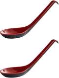 2 Pack - Red and Black 6.5-inch Asian Soup Spoon with Hook– Fuji Chinese Japanese Korean Style Spoon, Perfect for Melamine Won Ton Rice Pho Soba & Ramen Noodle Soups