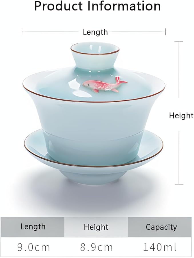 Yixing Handmade Celadon Colorful Koi Fish Gaiwan,Chinese Gongfu Tea Cup,Japanese Teacup, Tea Bowl with Lid and Saucer(Gaiwan)
