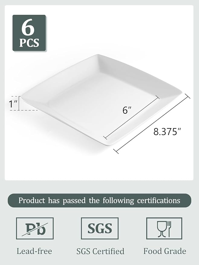 Porcelain Square Dessert Plates, 8.4 Inch Square Serving Plate for Steak, Pasta, Salad, Snacks, Dessert, Appetizer Plates, Set of 6, White