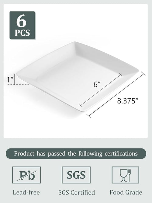 Porcelain Square Dessert Plates, 8.4 Inch Square Serving Plate for Steak, Pasta, Salad, Snacks, Dessert, Appetizer Plates, Set of 6, White