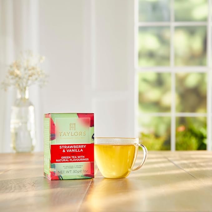 Taylors of Harrogate Strawberry & Vanilla, Green Tea, Individually Wrapped Bags, 20 Count (Pack of 1), Smooth, Juicy and Sweet, Caffeinated, Enjoy Hot or Iced, 20 Teabags