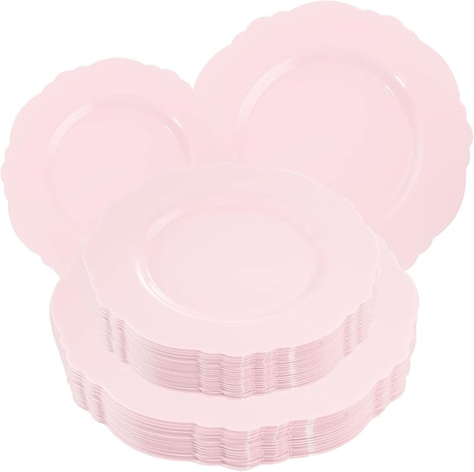 WDF 60pcs Pink Plastic Plates - Baroque Pink Disposable Plates Including 30 Dinner Plates 10.25inch, 30 Dessert Plates 7.5inch for Upscale Wedding/Baby Shower/Spring
