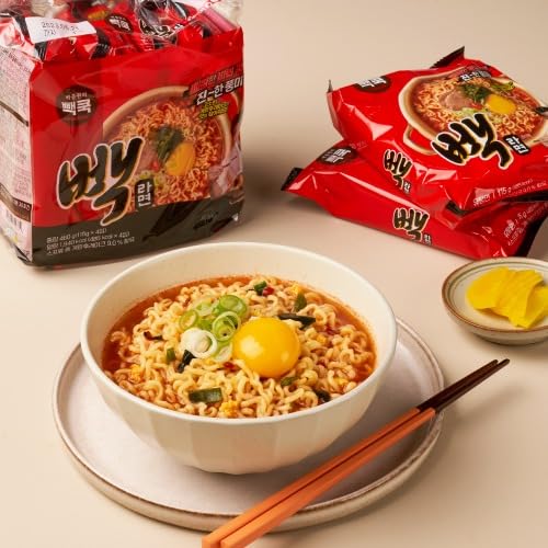 TBK THEBORN Paik Ramyun, Korean Ramen, Korean Spicy Instant Ramyun Noodle Soup with Rich Broth and Egg Flakes, Instant Ramen Noodle Soup, 115g x 4 Packs