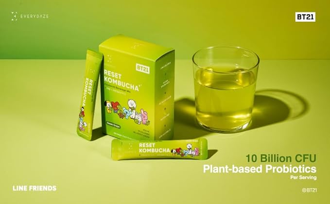 Everydaze BT21 Reset Kombucha Tea Powdered Beverage Mix | 10 Sticks | Prebiotics + Probiotics | Vegan | No Added Sugar, Gluten Free, Sparkling Powder Drink Pack (Green Grape)