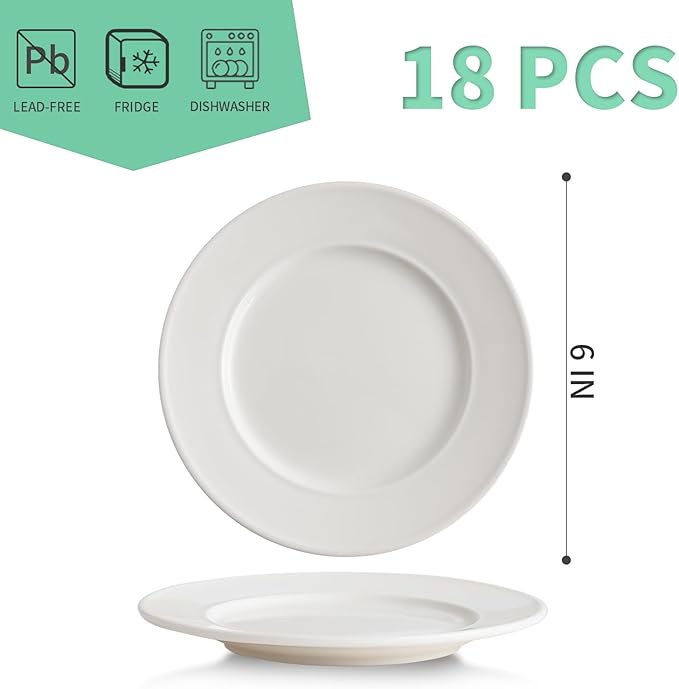 6 Inch Ceramic Dessert Plates Set of 18, Small Salad Plates, Porcelain Round Shaped Dinner Plates, Appetizer Plates for Cake Waffles Snacks Side Dish, Oven Microwave Dishwasher Safe, White