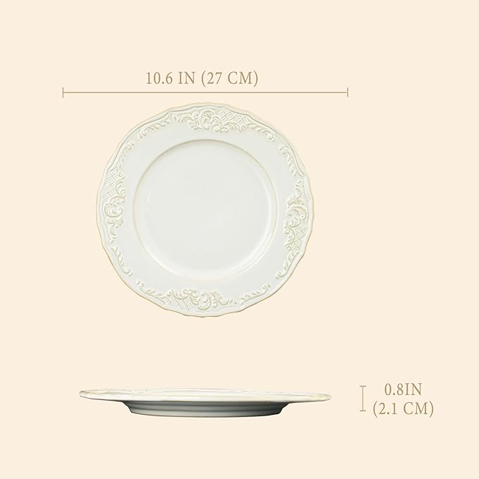 Ceramic dinner plate set (4 pieces), ceramic dinner plates, embossed salad plates, Kitchen Porcelain Serving Dishes, microwave/oven/dishwasher safe, scratch-resistant.
