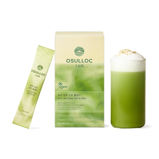 OSULLOC Jeju Matcha Oat Blend (7oz X 10 Packets), Vegan Dairy‑Free, Plant‑Based Instant Matcha Drink Powder, Lightly Sweetened