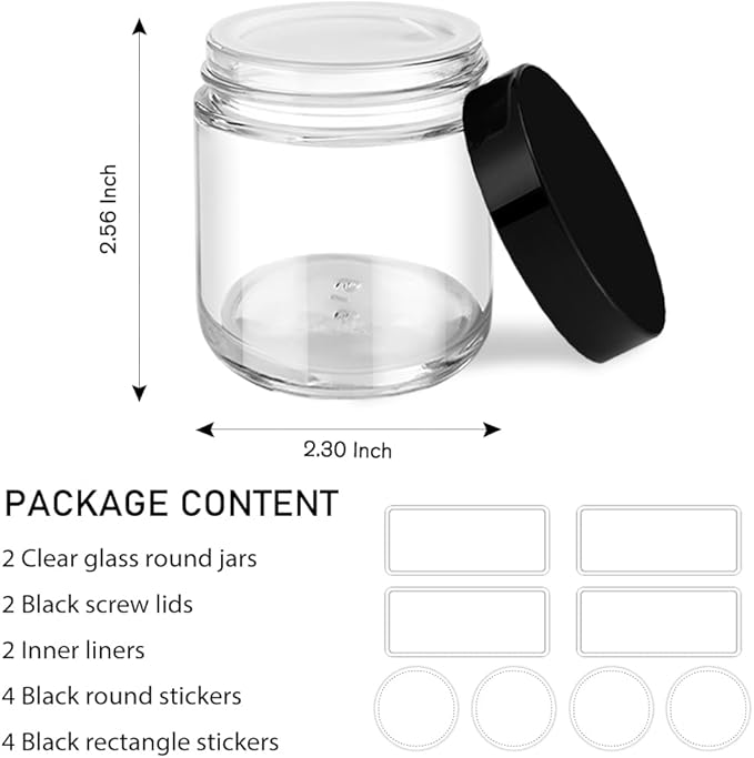 4 oz Small Glass Jars with Lids, Tecohouse Clear Glass Jars with Black Lids & Inner Liners, Mini Travel Sample Containers for Slime, Makeup, Cream, Lotion, Cosmetic - 2 Pack